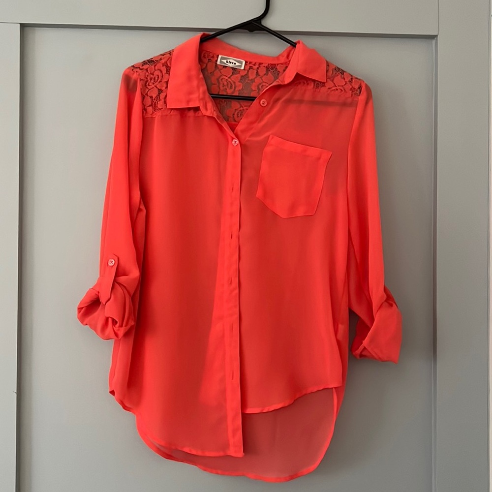 Peach/Orange Button Down Blouse with Lace Back accent